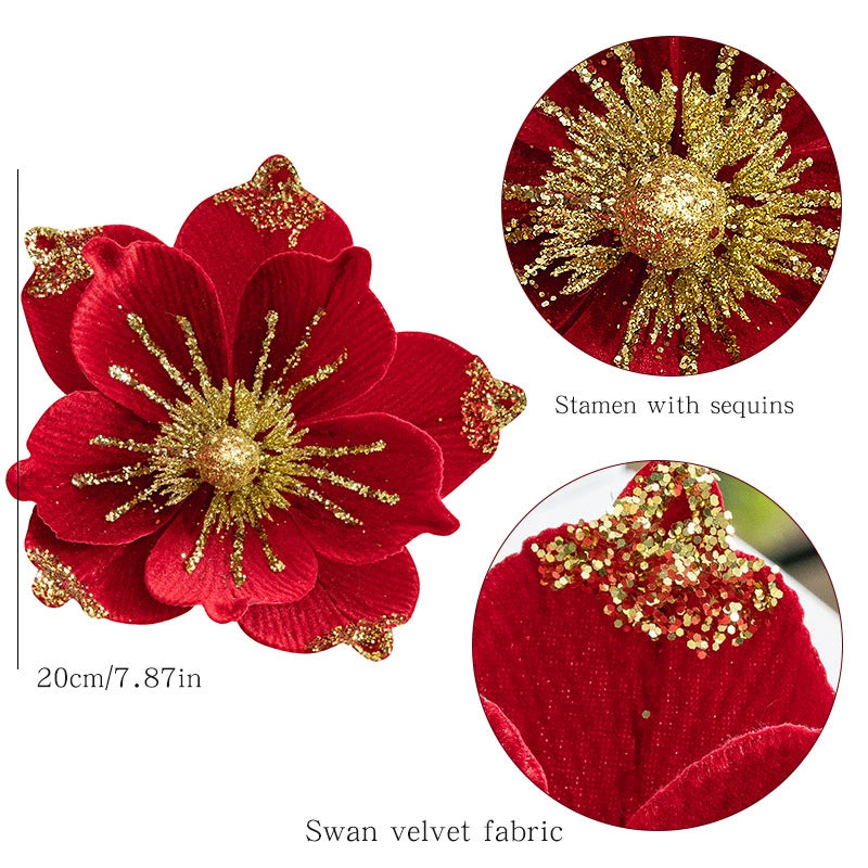 Christmas Velvet Fabric Flowers, 8" Diameter, DIY Holiday Decor, Red, Gold, Orange, Green, Champagne