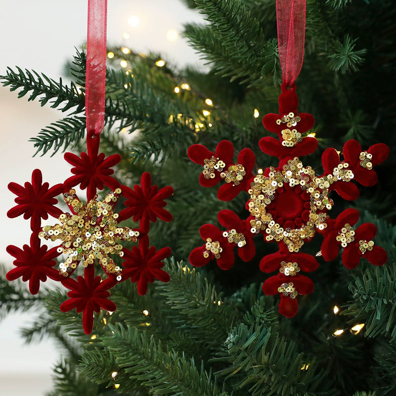 Red Velvet Snowflake Christmas Ornament, Elegant Holiday Decor, Perfect for Trees, Mantels, and Festive Displays
