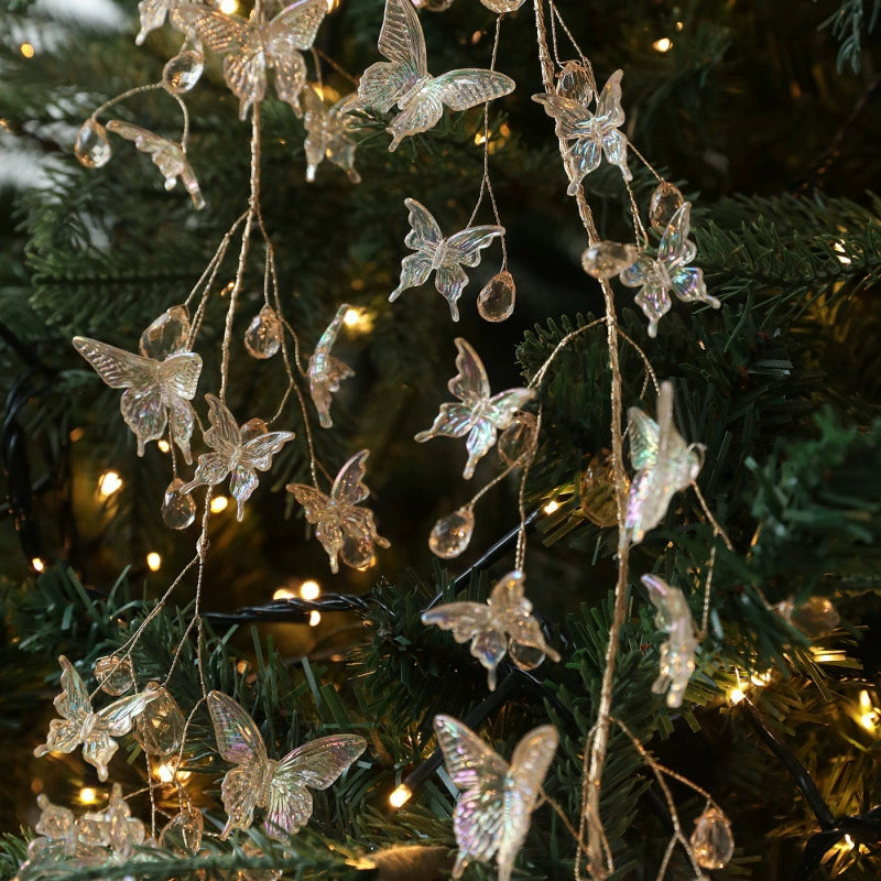 Christmas Crystal Garland with Transparent Butterfly & Pearl Beads, 4 Styles, Christmas Tree & Wreath Decoration