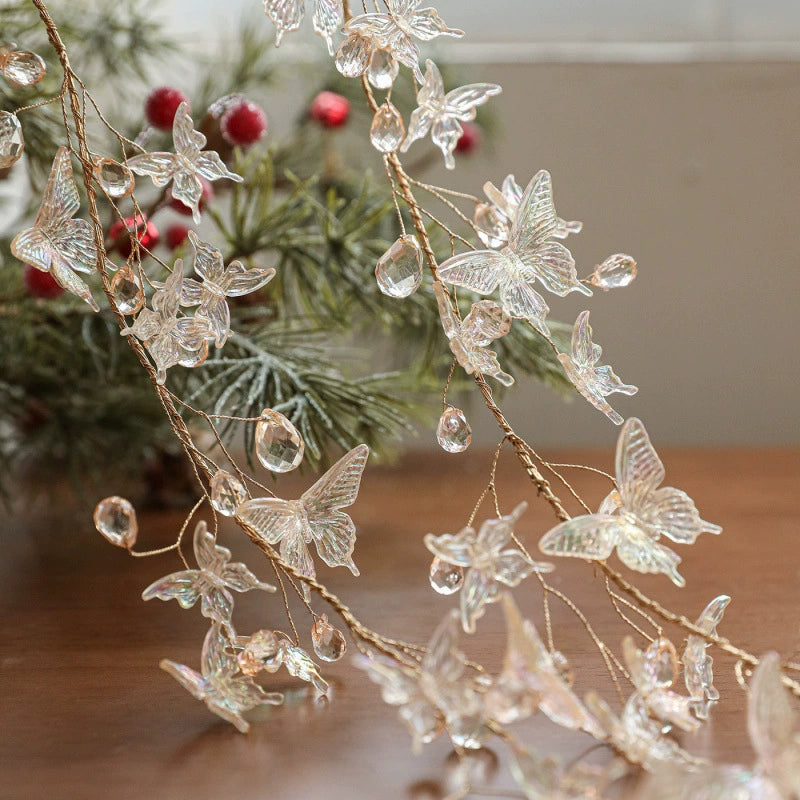 Christmas Crystal Garland with Transparent Butterfly & Pearl Beads, 4 Styles, Christmas Tree & Wreath Decoration