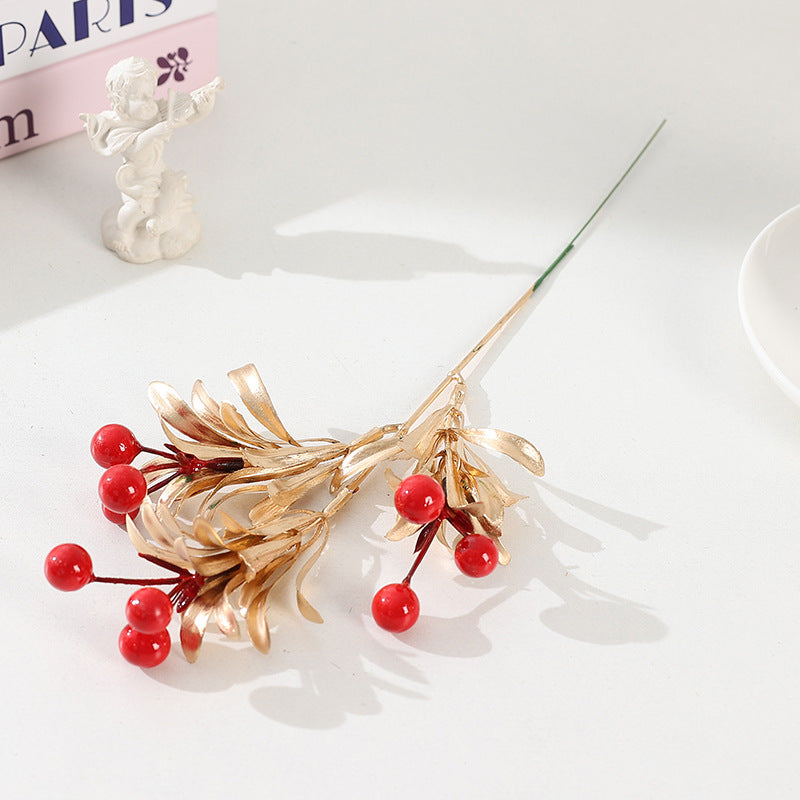 Artificial Christmas Berries with Gold Leaves, Red Berries, 13" Single Stem, 9 Blooms, 5-Pack, Holiday Decor, Vase Filler, Home Decor