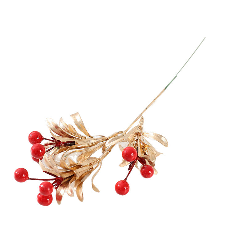 Artificial Christmas Berries with Gold Leaves, Red Berries, 13" Single Stem, 9 Blooms, 5-Pack, Holiday Decor, Vase Filler, Home Decor