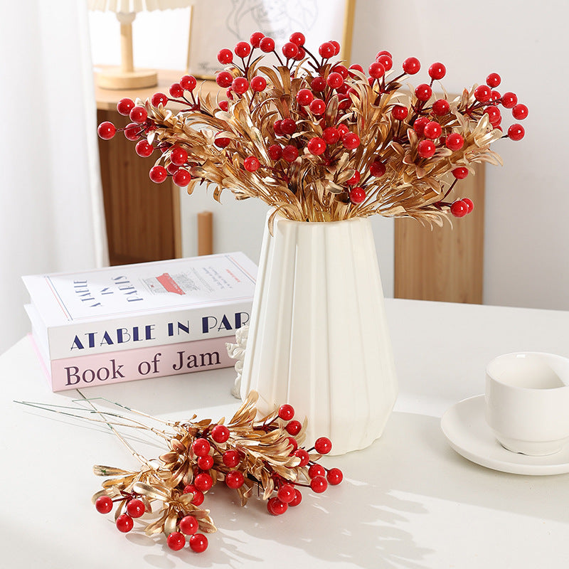 Artificial Christmas Berries with Gold Leaves, Red Berries, 13" Single Stem, 9 Blooms, 5-Pack, Holiday Decor, Vase Filler, Home Decor