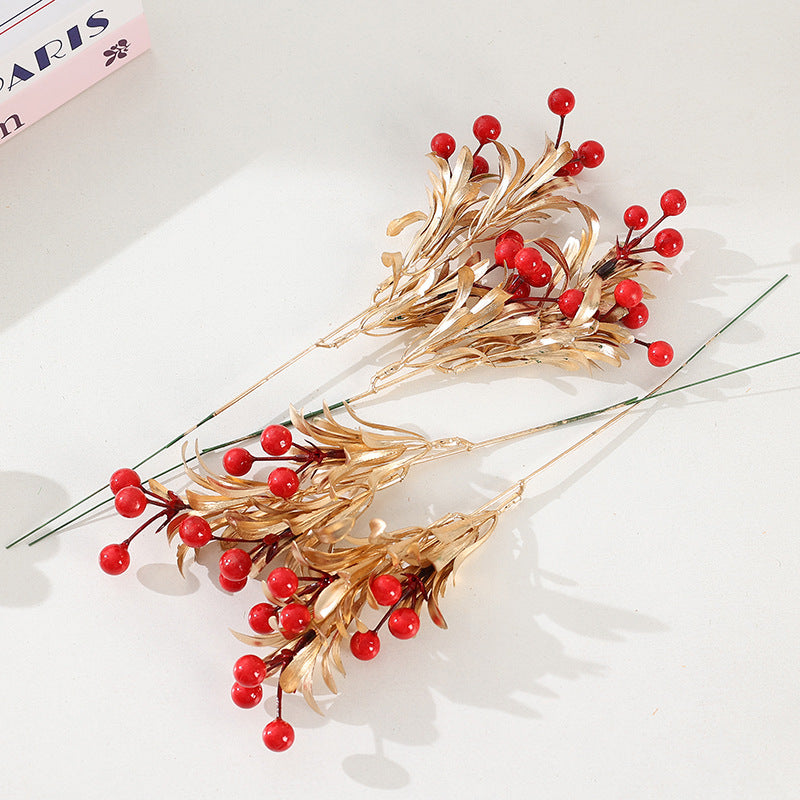 Artificial Christmas Berries with Gold Leaves, Red Berries, 13" Single Stem, 9 Blooms, 5-Pack, Holiday Decor, Vase Filler, Home Decor