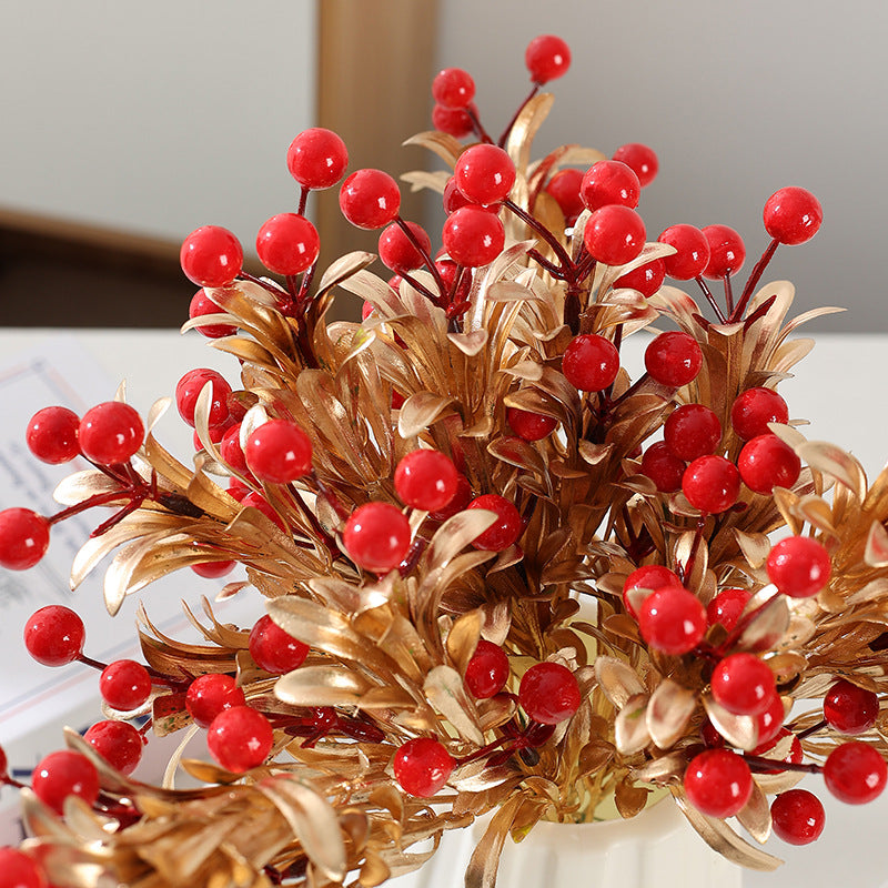 Artificial Christmas Berries with Gold Leaves, Red Berries, 13" Single Stem, 9 Blooms, 5-Pack, Holiday Decor, Vase Filler, Home Decor
