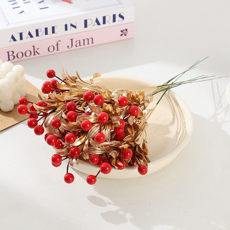 Artificial Christmas Berries with Gold Leaves, Red Berries, 13" Single Stem, 9 Blooms, 5-Pack, Holiday Decor, Vase Filler, Home Decor