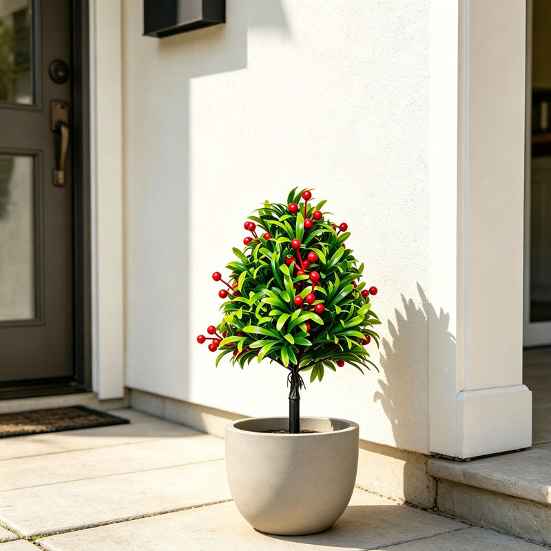 Artificial Podocarpus with Red Berries, 18" Tall, Realistic Faux Plant for Home Decor, Weddings, and Events