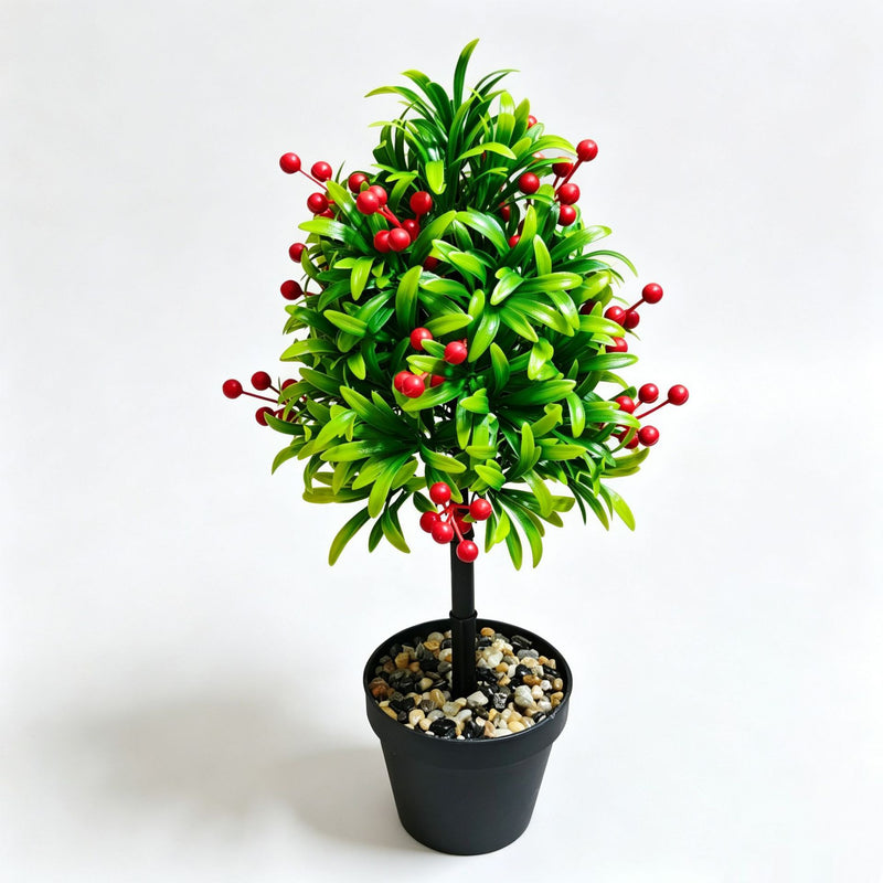 Artificial Podocarpus with Red Berries, 18" Tall, Realistic Faux Plant for Home Decor, Weddings, and Events