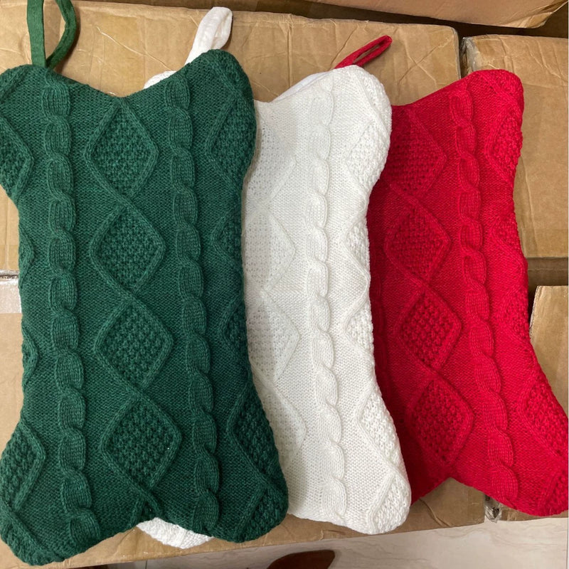 Knitted Christmas Stockings, Festive Bone-Shaped Holiday Socks, Christmas Tree Decorations, Gift Bags, 17" Long, Set of 3