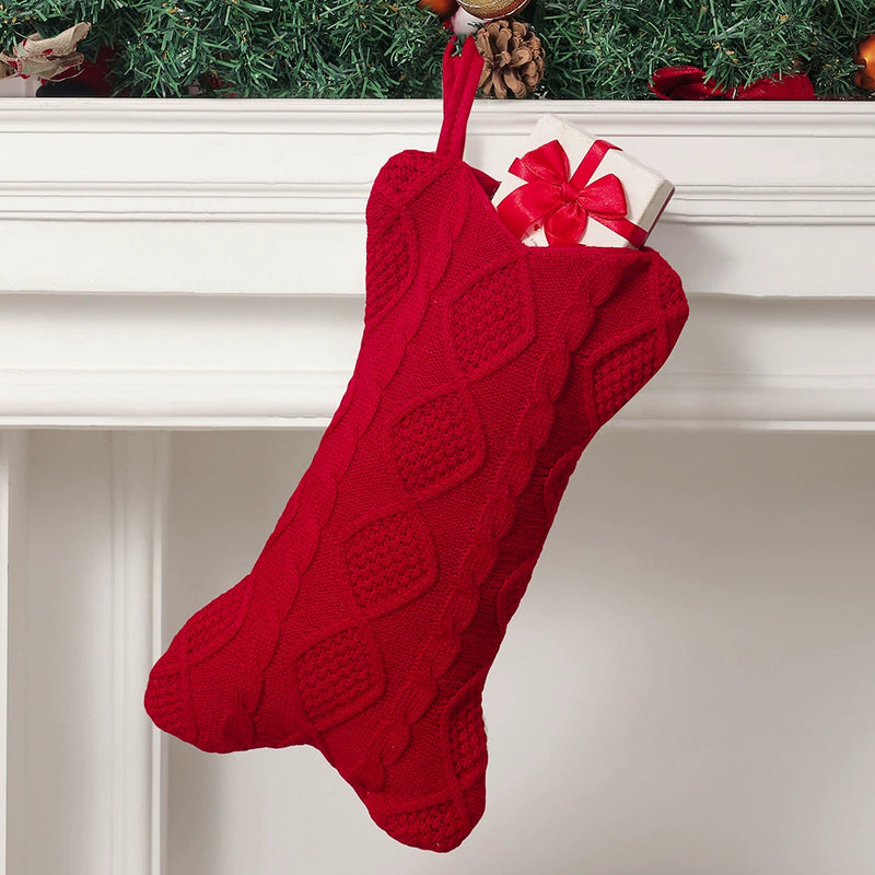 Knitted Christmas Stockings, Festive Bone-Shaped Holiday Socks, Christmas Tree Decorations, Gift Bags, 17" Long, Set of 3