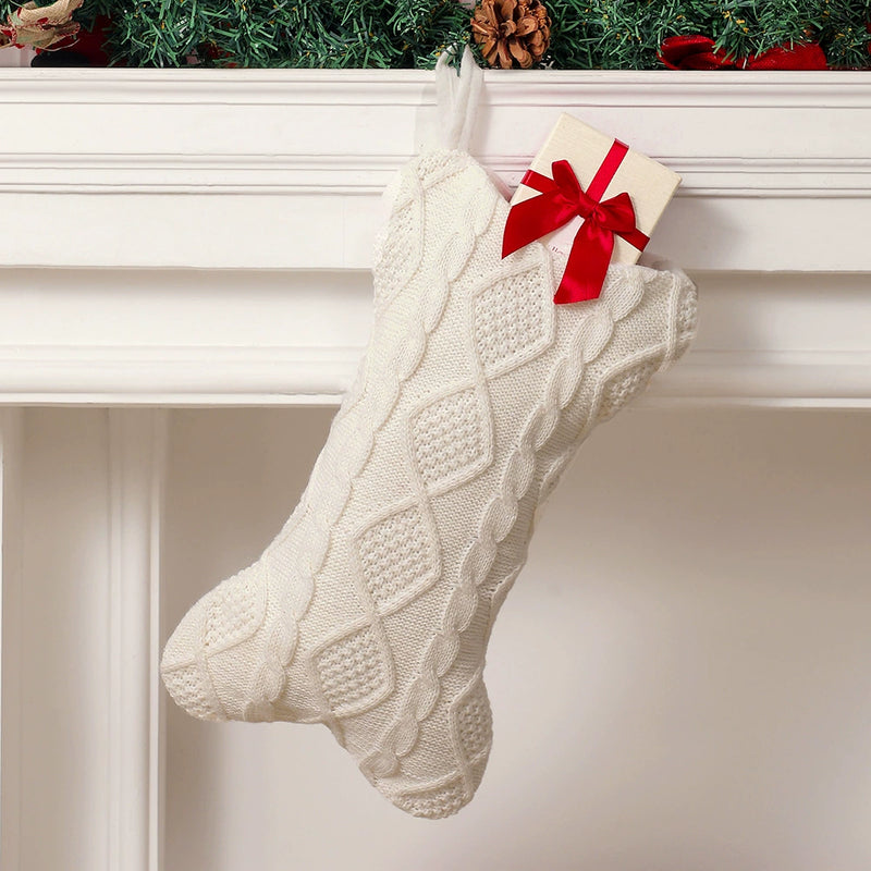 Knitted Christmas Stockings, Festive Bone-Shaped Holiday Socks, Christmas Tree Decorations, Gift Bags, 17" Long, Set of 3