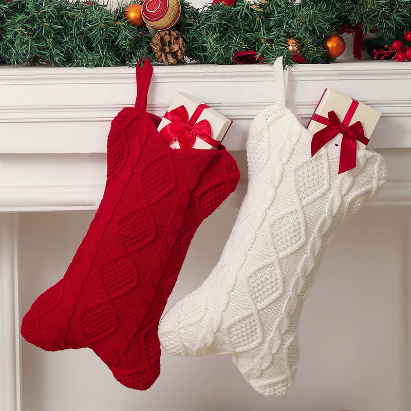 Knitted Christmas Stockings, Festive Bone-Shaped Holiday Socks, Christmas Tree Decorations, Gift Bags, 17" Long, Set of 3