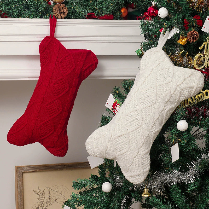 Knitted Christmas Stockings, Festive Bone-Shaped Holiday Socks, Christmas Tree Decorations, Gift Bags, 17" Long, Set of 3