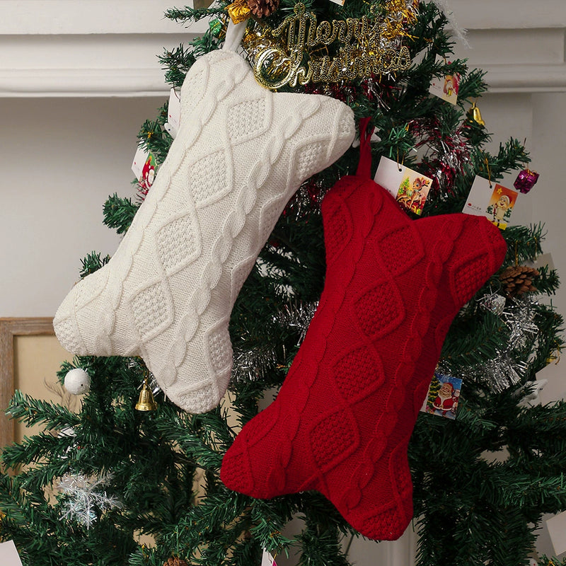Knitted Christmas Stockings, Festive Bone-Shaped Holiday Socks, Christmas Tree Decorations, Gift Bags, 17" Long, Set of 3
