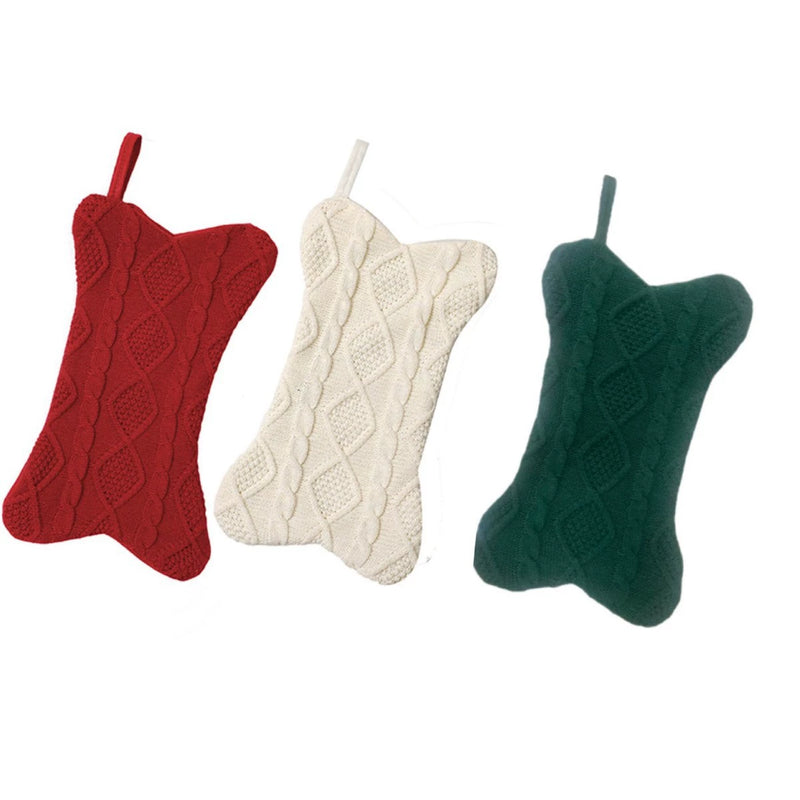 Knitted Christmas Stockings, Festive Bone-Shaped Holiday Socks, Christmas Tree Decorations, Gift Bags, 17" Long, Set of 3