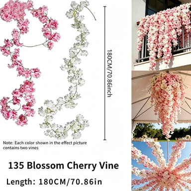 Artificial Cherry Blossom Vines, 73" Long, 135 Blooms, Set of 2, White & Pink, Modern & Bohemian Style, Silk, Home Decor, Wedding, Commercial Spaces