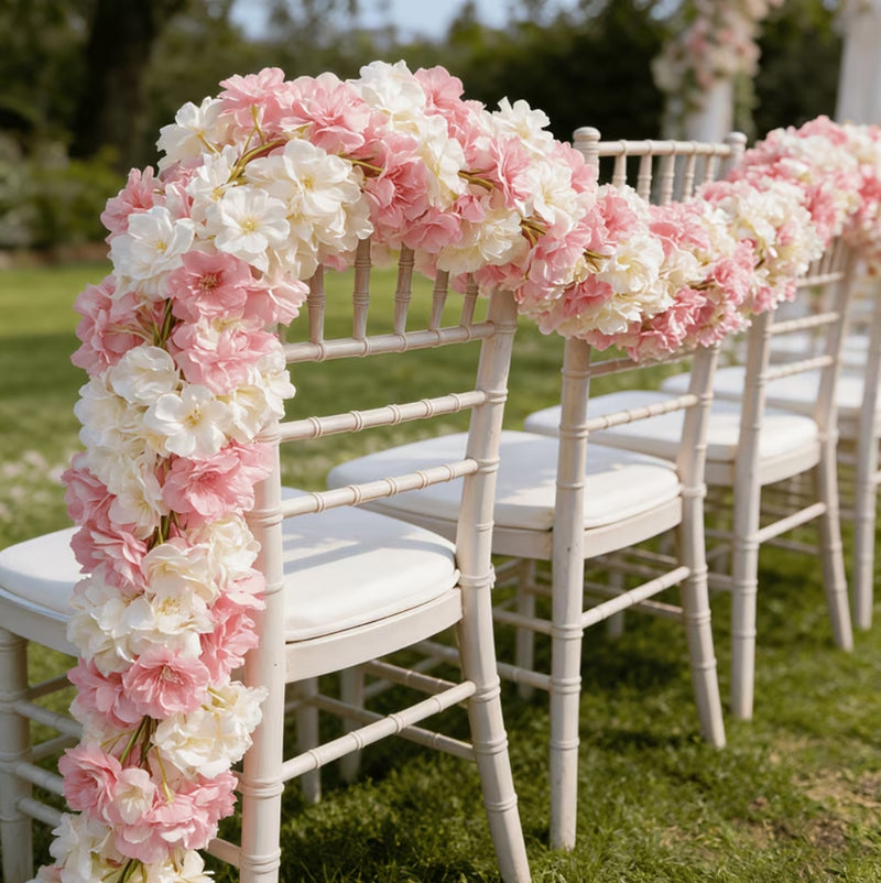 Artificial Cherry Blossom Vines, 73" Long, 135 Blooms, Set of 2, White & Pink, Modern & Bohemian Style, Silk, Home Decor, Wedding, Commercial Spaces