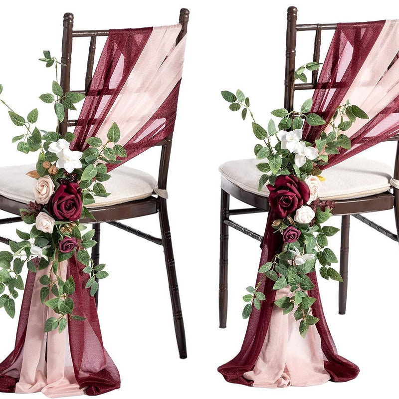 Single Stem Artificial Flower with Sheer Organza Sash, Outdoor Wedding Chair Decor, 24" Stem, 10" Bloom