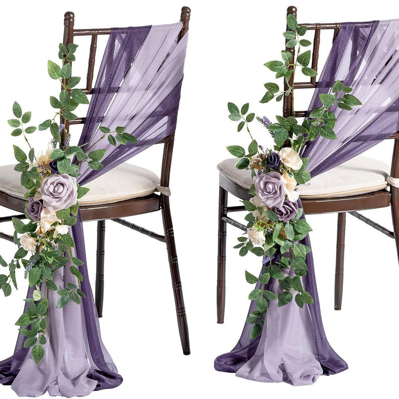 Single Stem Artificial Flower with Sheer Organza Sash, Outdoor Wedding Chair Decor, 24" Stem, 10" Bloom