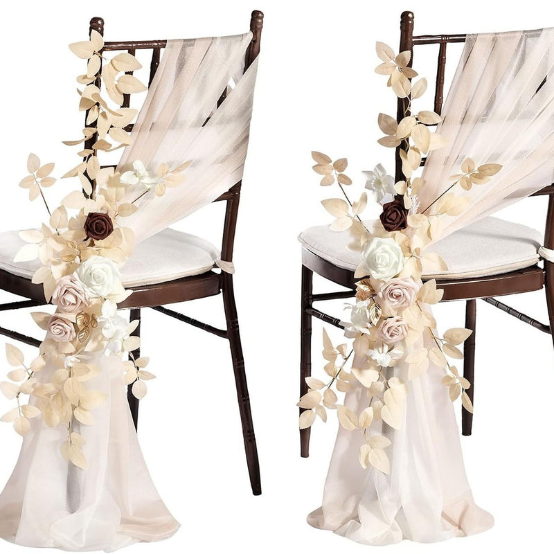 Single Stem Artificial Flower with Sheer Organza Sash, Outdoor Wedding Chair Decor, 24" Stem, 10" Bloom