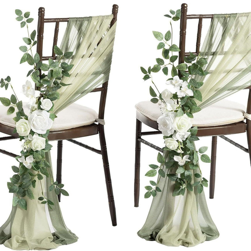 Single Stem Artificial Flower with Sheer Organza Sash, Outdoor Wedding Chair Decor, 24" Stem, 10" Bloom