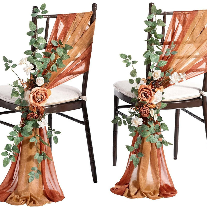 Single Stem Artificial Flower with Sheer Organza Sash, Outdoor Wedding Chair Decor, 24" Stem, 10" Bloom