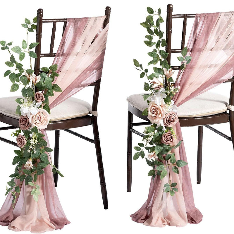 Single Stem Artificial Flower with Sheer Organza Sash, Outdoor Wedding Chair Decor, 24" Stem, 10" Bloom