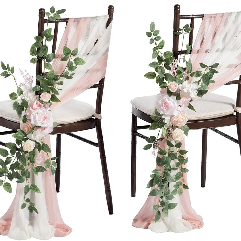 Single Stem Artificial Flower with Sheer Organza Sash, Outdoor Wedding Chair Decor, 24" Stem, 10" Bloom