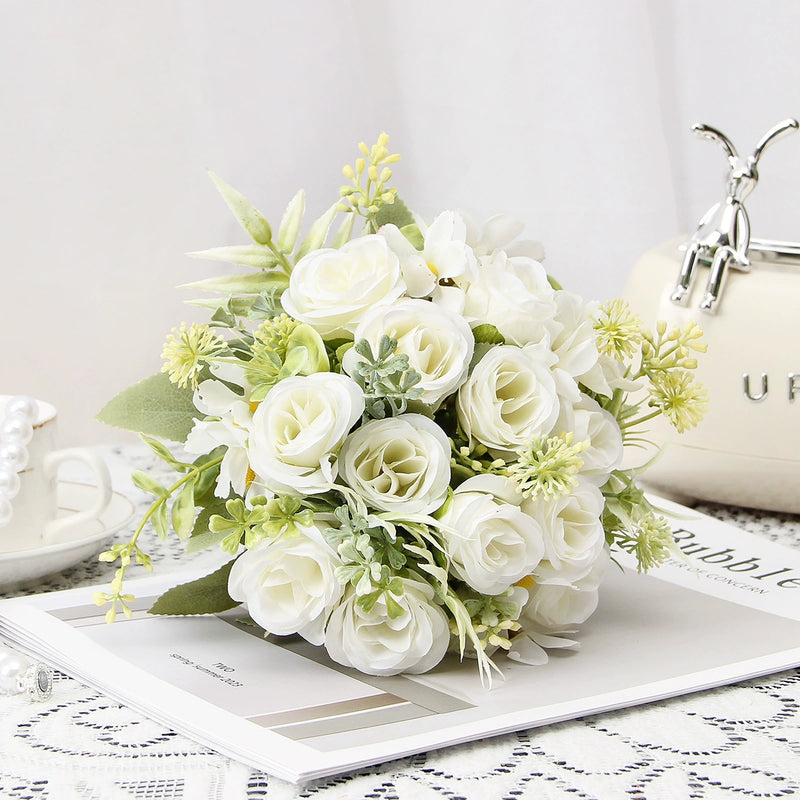 Artificial Silk Rose Bush with 8 Blooms, 12" Tall, Rustic Style, Perfect for Weddings, Home Decor, and Commercial Spaces