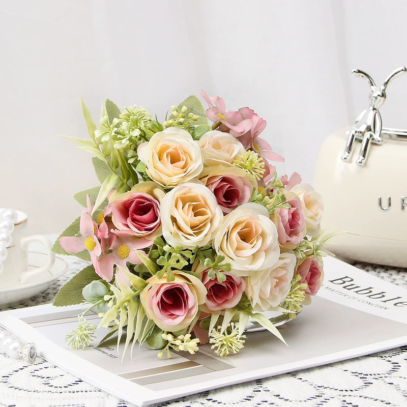 Artificial Silk Rose Bush with 8 Blooms, 12" Tall, Rustic Style, Perfect for Weddings, Home Decor, and Commercial Spaces