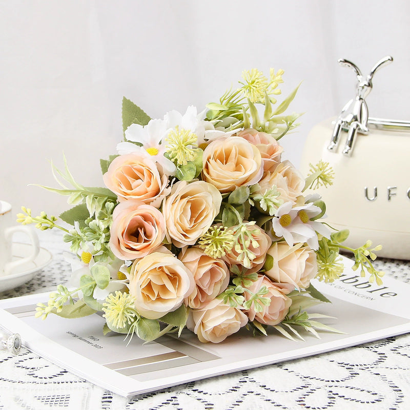 Artificial Silk Rose Bush with 8 Blooms, 12" Tall, Rustic Style, Perfect for Weddings, Home Decor, and Commercial Spaces