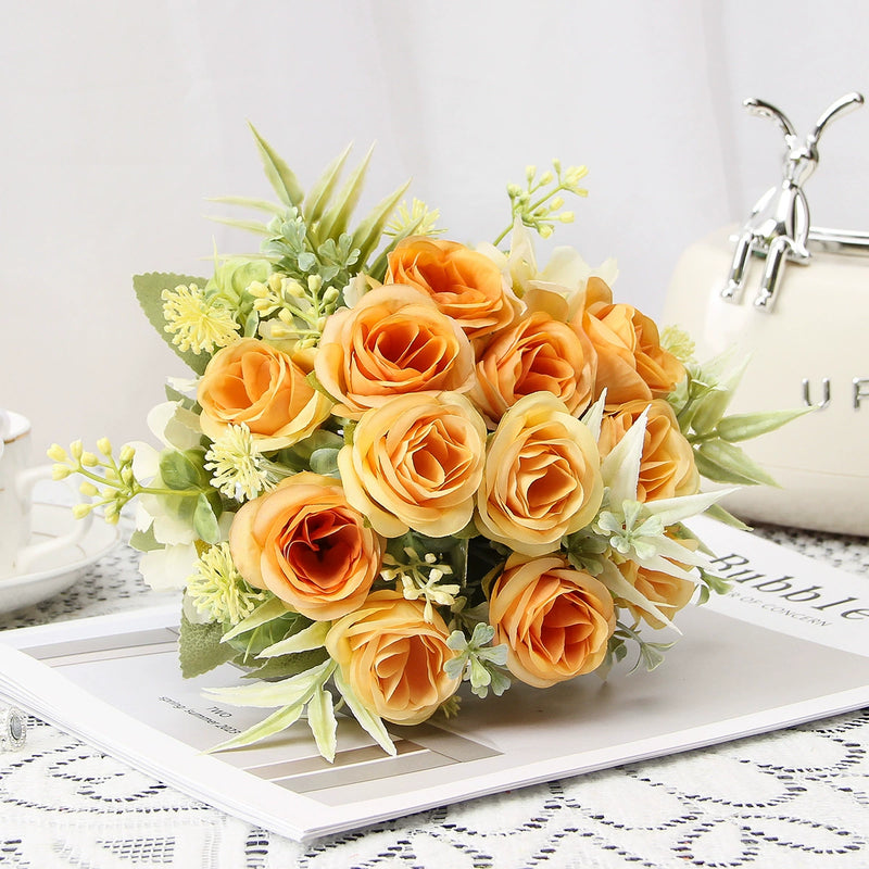Artificial Silk Rose Bush with 8 Blooms, 12" Tall, Rustic Style, Perfect for Weddings, Home Decor, and Commercial Spaces