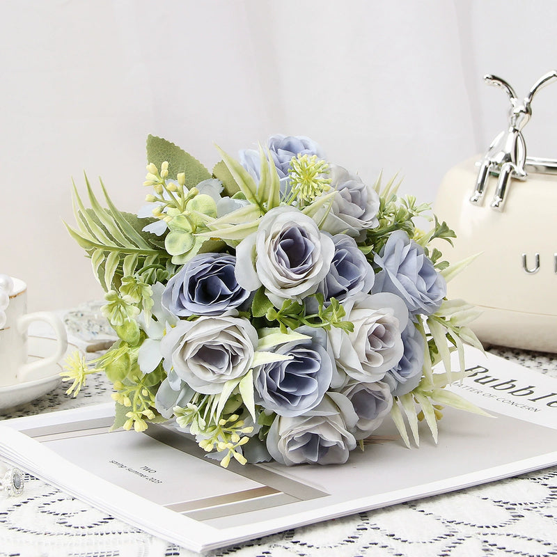 Artificial Silk Rose Bush with 8 Blooms, 12" Tall, Rustic Style, Perfect for Weddings, Home Decor, and Commercial Spaces