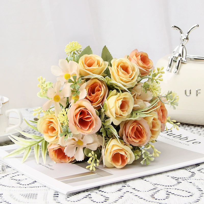 Artificial Silk Rose Bush with 8 Blooms, 12" Tall, Rustic Style, Perfect for Weddings, Home Decor, and Commercial Spaces