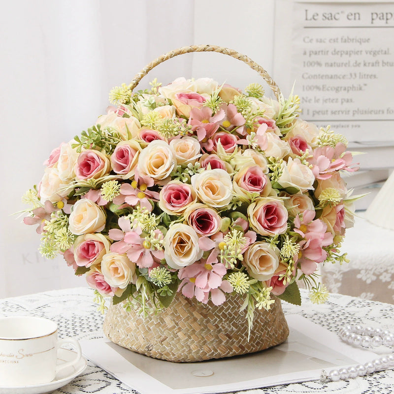 Artificial Silk Rose Bush with 8 Blooms, 12" Tall, Rustic Style, Perfect for Weddings, Home Decor, and Commercial Spaces