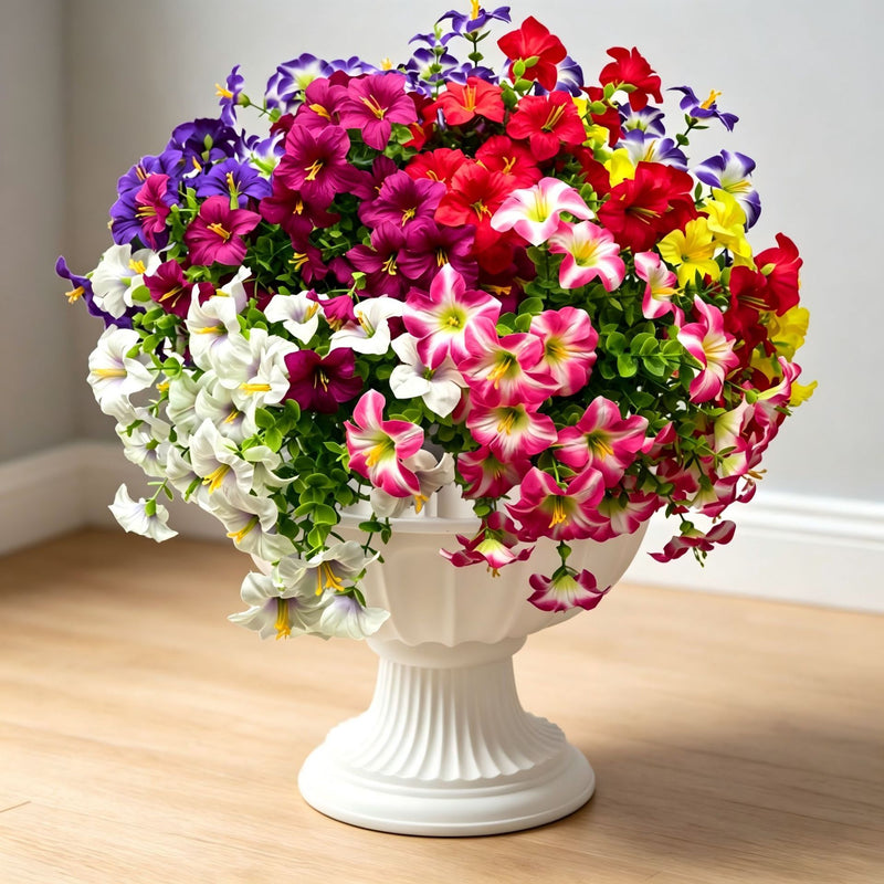 Artificial Eucalyptus Morning Glory Bush, 15" Tall, 3" Blooms, Plastic, Indoor Home Decor, Wedding, Event Styling