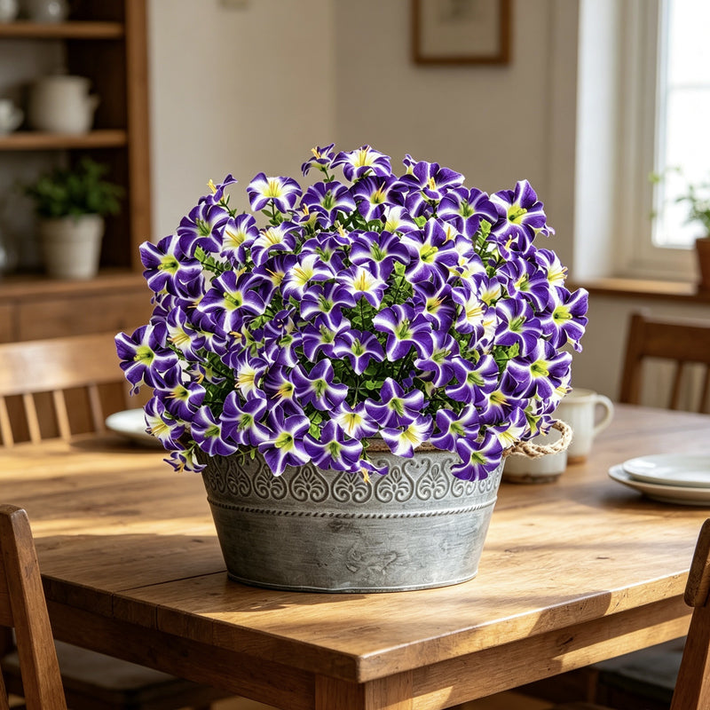 Artificial Eucalyptus Morning Glory Bush, 15" Tall, 3" Blooms, Plastic, Indoor Home Decor, Wedding, Event Styling