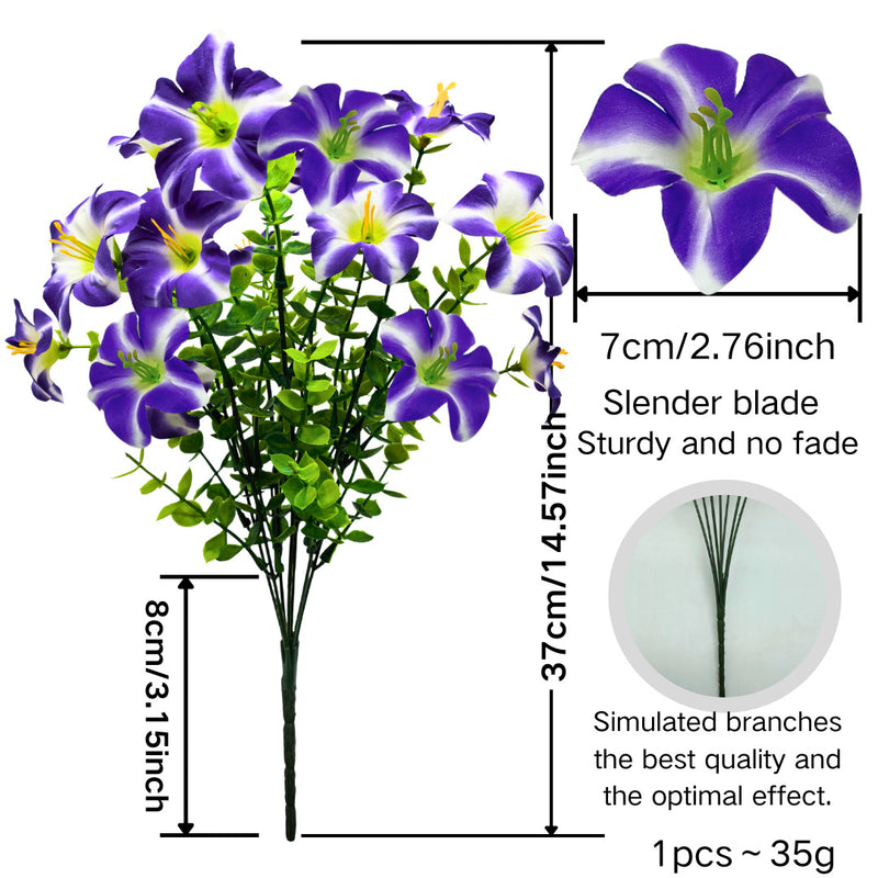 Artificial Eucalyptus Morning Glory Bush, 15" Tall, 3" Blooms, Plastic, Indoor Home Decor, Wedding, Event Styling