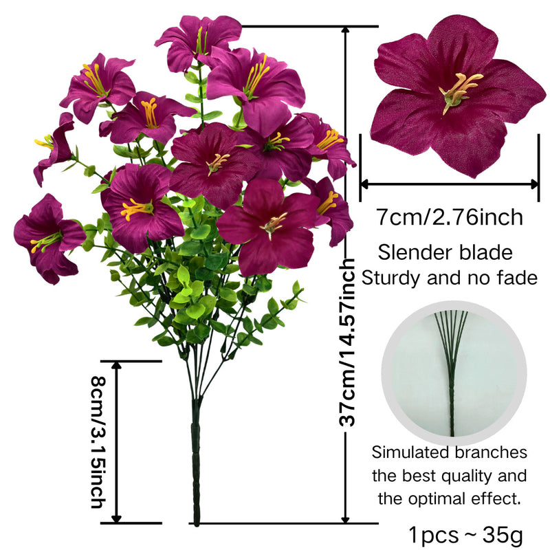 Artificial Eucalyptus Morning Glory Bush, 15" Tall, 3" Blooms, Plastic, Indoor Home Decor, Wedding, Event Styling