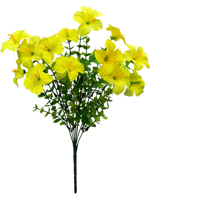 Artificial Eucalyptus Morning Glory Bush, 15" Tall, 3" Blooms, Plastic, Indoor Home Decor, Wedding, Event Styling