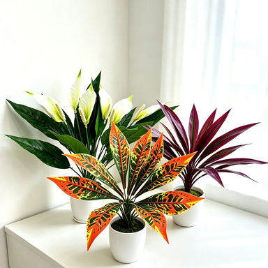 Set of 3 Artificial Potted Plants, 23" Tall Peace Lily & Dracaena & Croton Combo, Realistic Indoor Greenery for Home Office Wedding Decor