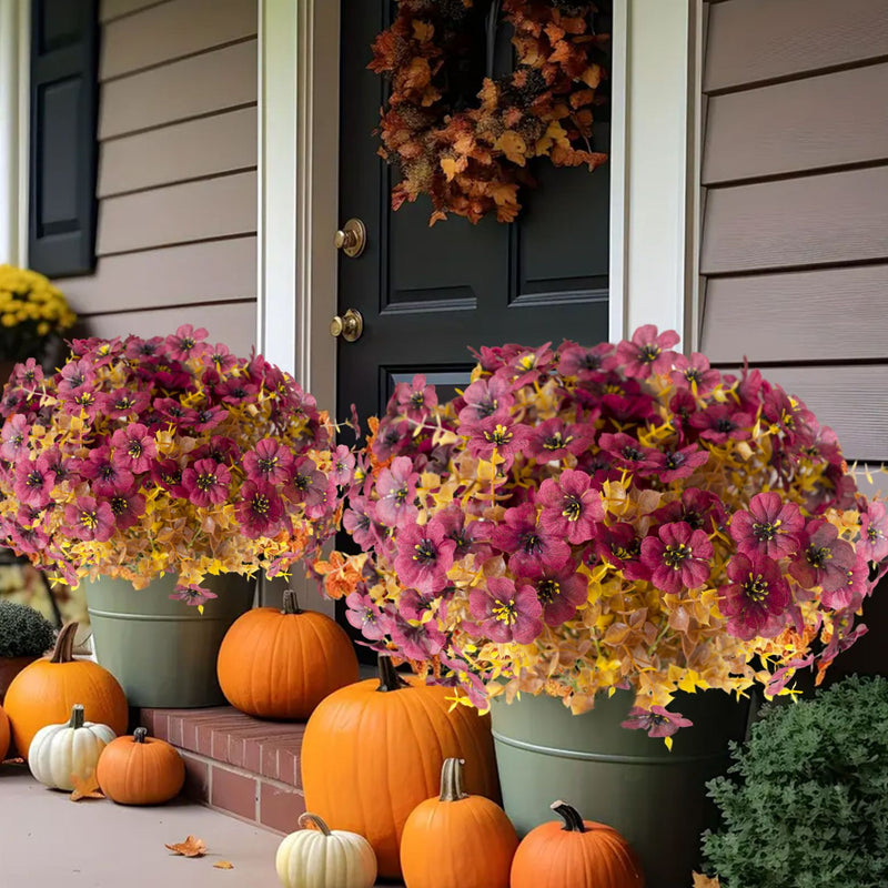 Artificial Eucalyptus Violet Bush, 14" Autumn-Themed Bouquet, Set of 5, Indoor Outdoor Decor