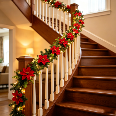 Artificial Poinsettia Garland, 71 Inch Christmas Holiday Vine with 8 Blooms, Faux Eucalyptus Leaf Decor for Staircase, Mantel & Home Decor