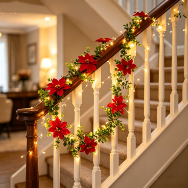 Artificial Poinsettia Garland, 71 Inch Christmas Holiday Vine with 8 Blooms, Faux Eucalyptus Leaf Decor for Staircase, Mantel & Home Decor