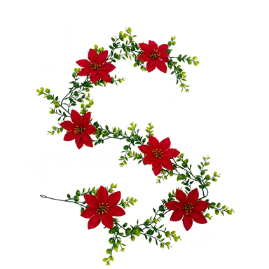 Artificial Poinsettia Garland, 71 Inch Christmas Holiday Vine with 8 Blooms, Faux Eucalyptus Leaf Decor for Staircase, Mantel & Home Decor