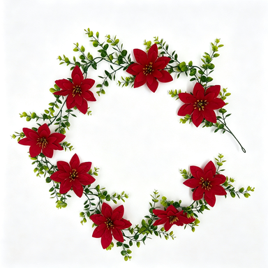 Artificial Poinsettia Garland, 71 Inch Christmas Holiday Vine with 8 Blooms, Faux Eucalyptus Leaf Decor for Staircase, Mantel & Home Decor