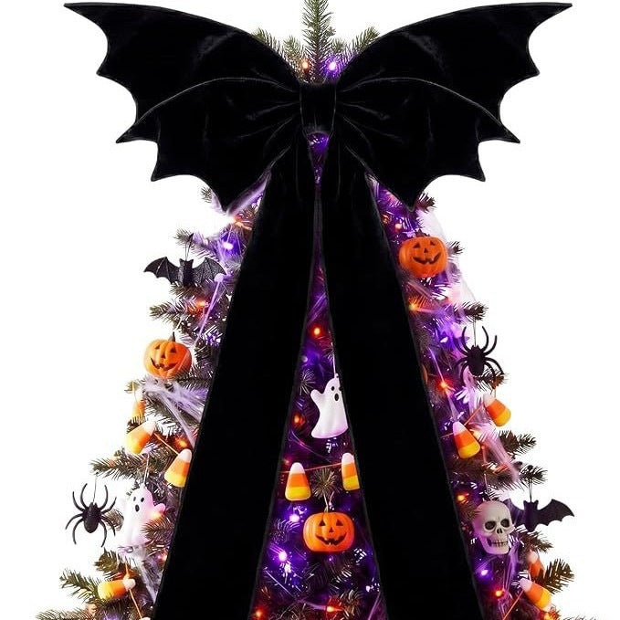 Extra Large Halloween Black Velvet Bat Bow, Gothic Tree Topper, Haunted House Party Decoration, 45" Long x 27" Wide