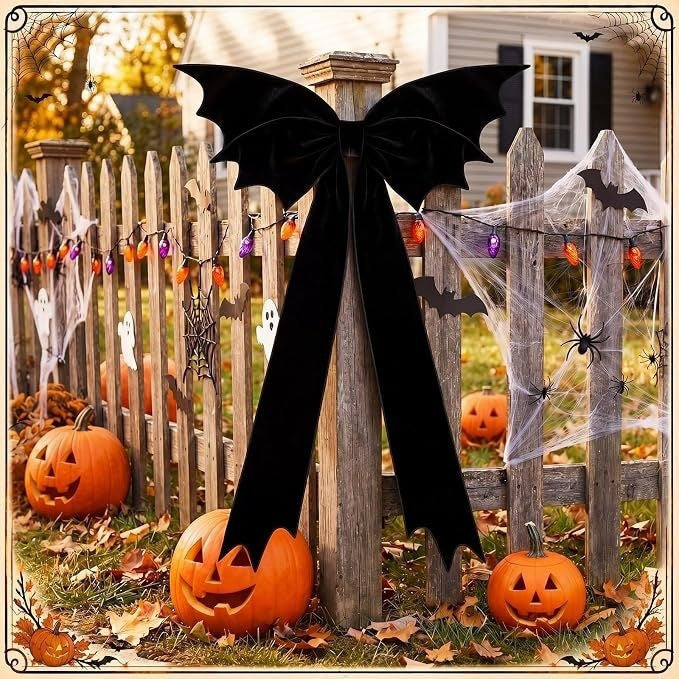 Extra Large Halloween Black Velvet Bat Bow, Gothic Tree Topper, Haunted House Party Decoration, 45" Long x 27" Wide