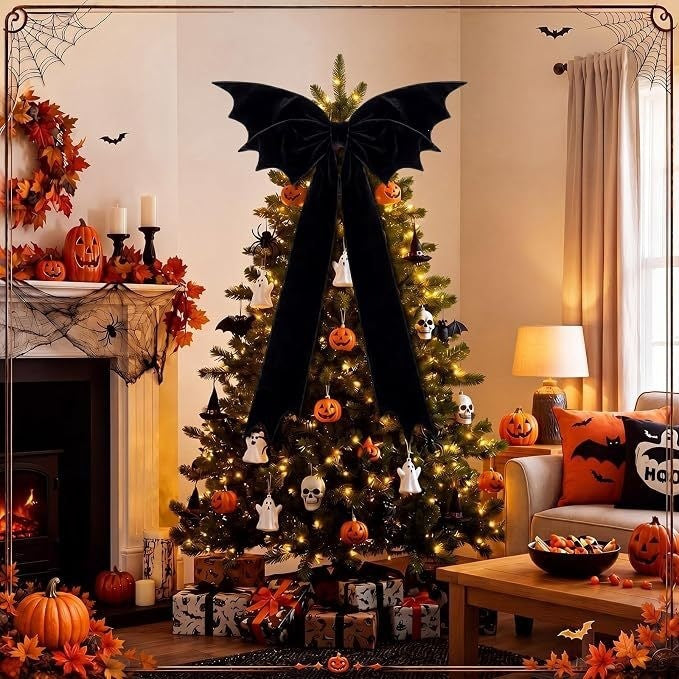 Extra Large Halloween Black Velvet Bat Bow, Gothic Tree Topper, Haunted House Party Decoration, 45" Long x 27" Wide