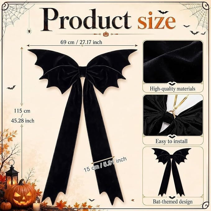 Extra Large Halloween Black Velvet Bat Bow, Gothic Tree Topper, Haunted House Party Decoration, 45" Long x 27" Wide